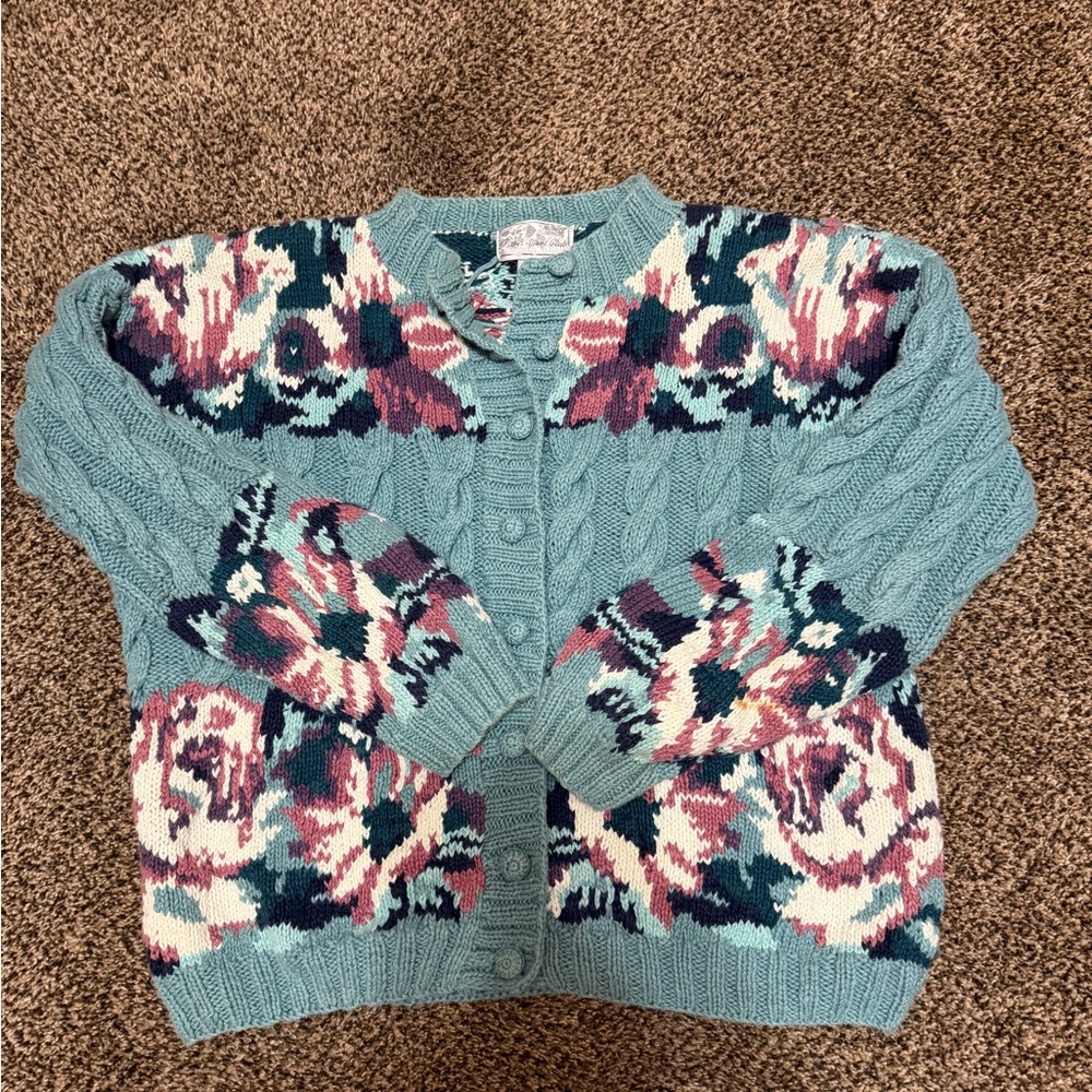 Vintage Women's Teal and Multicolor Patterned knit Sweater